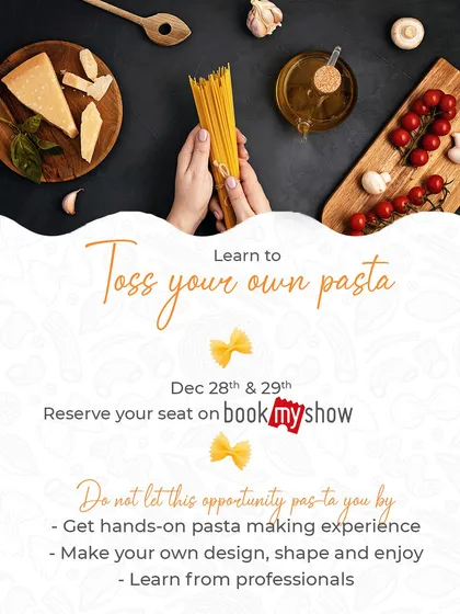 Don't let this opportunity pas-ta you by! This poster for our 'Toss Your Own Pasta' workshop shows you exactly what to expect: a hands-on experience where you learn to make pasta from scratch.