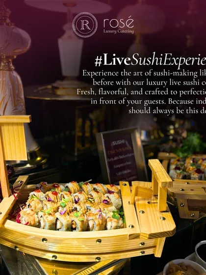 Experience the art of sushi-making with our live counters. This beautiful sushi boat presentation makes the experience even more special, as fresh, flavorful rolls are crafted right in front of your guests.