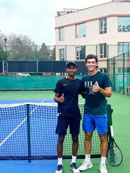 Thumbs up from our player Sajal and ATP pro Tristan Boyer after a hitting session at our academy.