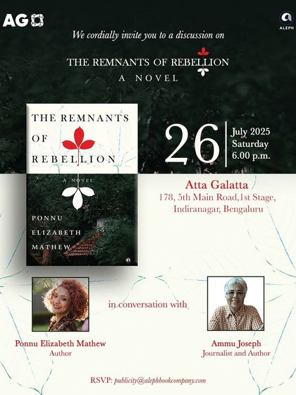 Poster for a discussion on the debut novel 'The Remnants of Rebellion' by Ponnu Elizabeth Mathew.