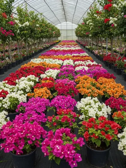 A view inside one of my greenhouses, filled with rows of colorful Bougainvillea plants ready for delivery. This shows the scale of my nursery and the huge variety of colors I cultivate.