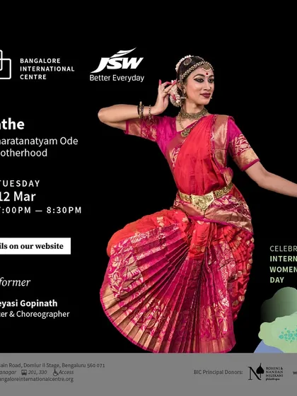 The event poster for my performance of "Mathe: A Bharatanatyam Ode to Motherhood" at the Bangalore International Centre. This highlights my work as both a choreographer and a performer.