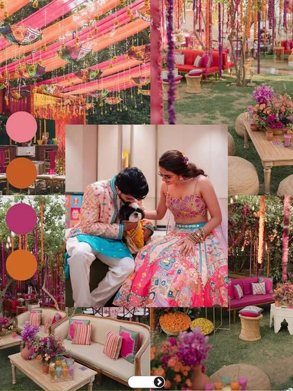 Another beautiful and unique color story for a pre-wedding event. The mix of pinks and oranges, paired with the bride's floral lehenga and the groom's complementary blue kurta, is playful and chic.