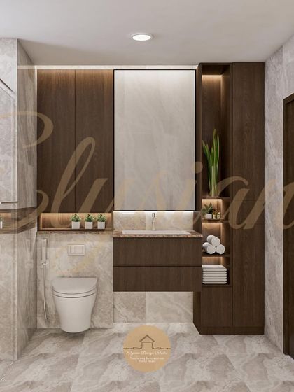 This bathroom design proves you can have ample storage without the clutter. We used a dark wood finish for the vanity and a tall storage cabinet, which contrasts beautifully with the light marble-effect tiles.