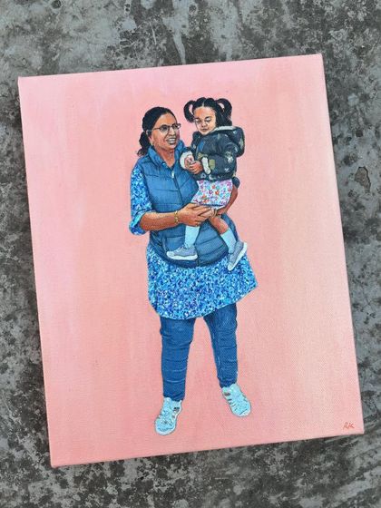 A heartwarming portrait of a grandmother holding her grandchild. This piece, with its soft pink background, captures a moment of pure love and connection between generations.