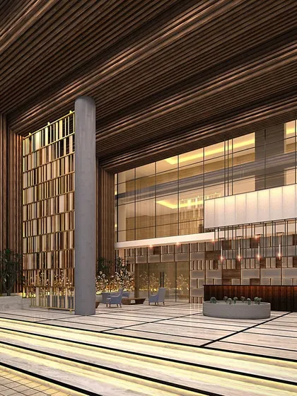 This 3D render showcases our design for a grand entrance lobby in a Yelahanka commercial property. We focused on creating a sense of scale and sophistication with double-height ceilings, rich wood textures, and layered lighting to welcome visitors.
