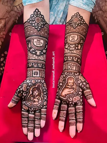 A complete baby shower mehandi design for a mother-to-be. The artwork includes portraits of baby Krishna and a sleeping newborn, along with fun elements like 'Baby Coming Soon' and 'Girl or Boy'.