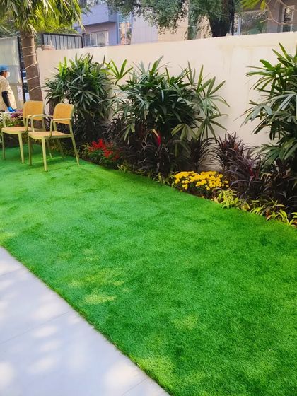 A wide shot of the front yard makeover, showing the contrast between the green turf, colorful plants, and the clean walkway.