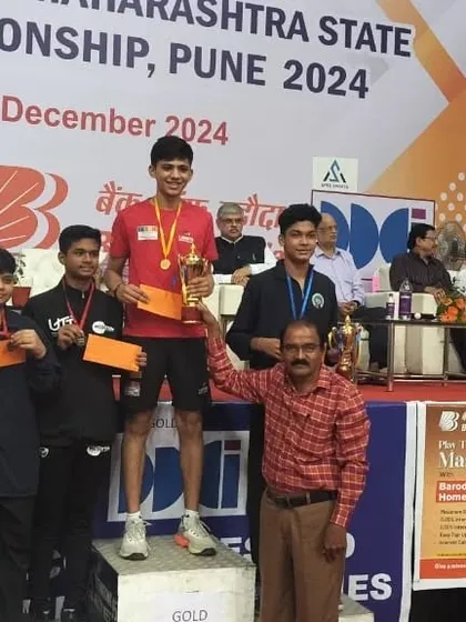 Parth Magar on the podium after winning the U-19 Singles Bronze Medal at the State Championship. Every medal at this level is a significant achievement.