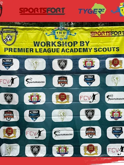 The official banner for the workshop, showcasing the numerous international academies and partners involved. This highlights the scale of the opportunity I provide for aspiring footballers.