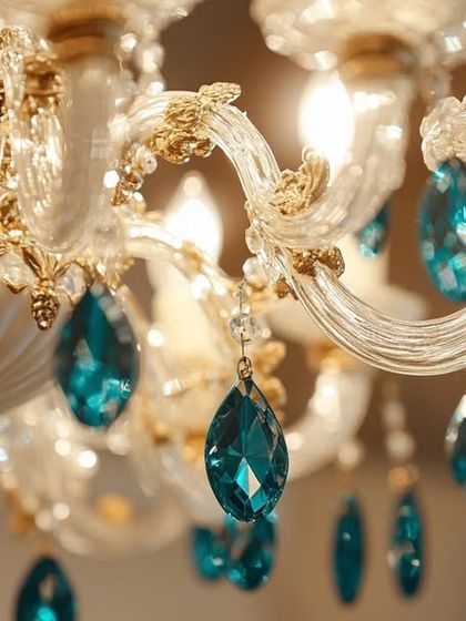 The delicate glasswork and crystal details of this chandelier are captured here, showing how light interacts with each element. This level of artistry is what turns a light fixture into an heirloom.