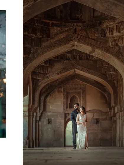 A collage contrasting a candid window shot with a grand, full-length portrait inside a historic hall, showing the variety we capture.