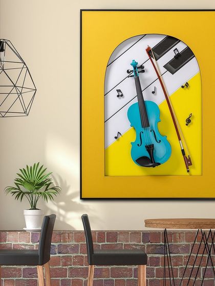 A playful and colorful take on the violin shadow box. A bright blue violin is set against a yellow arched background with piano keys and musical notes, making it a fun piece for a creative space.