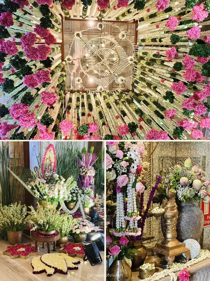 A collage showing the intricate details of the South Indian decor, from the floral canopy and brass vessels to the traditional garland arrangements.