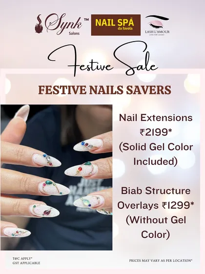 A "Festive Nails Savers" offer for both nail extensions and BIAB overlays. The image features a beautiful set of extensions with intricate, jeweled nail art.