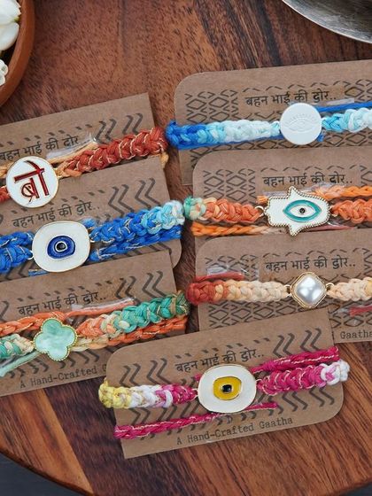 All my charm rakhis displayed on their backing cards. So much love goes into each one.