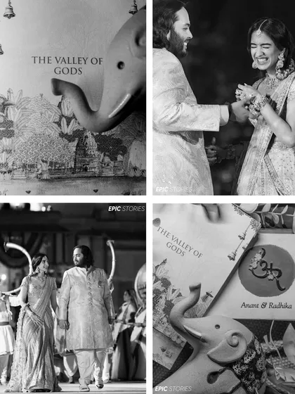 A black and white collage from the Jamnagar pre-wedding events. It highlights the theme of 'The Valley of Gods' and captures candid moments of joy and tradition.