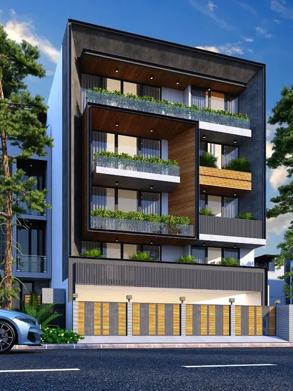 This design for a luxury floor residence uses a strong black frame to create a bold outline for the building. The balconies are designed as projecting boxes, with wood paneling and integrated planters softening the look.