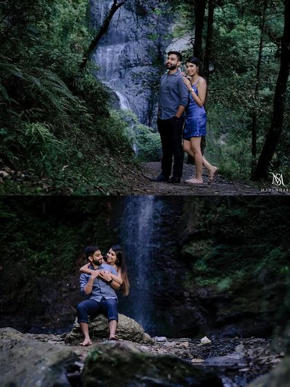 A beautiful pre-wedding portrait by a waterfall near Shimla. The lush green surroundings and the natural light make for a stunning and romantic backdrop.