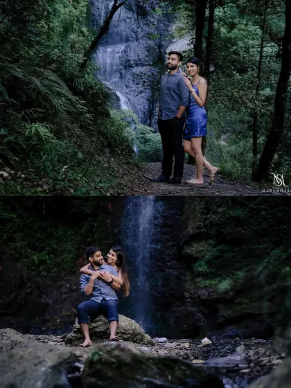 This collage shows the variety we can capture at a single waterfall location. From wide shots showing the scale of the landscape to intimate couple portraits, a waterfall pre-wedding shoot is always magical.