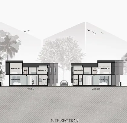 This site section of the Vagator Villas details the internal layout of two adjacent homes. The drawing clarifies the two-story design, showing the relationship between bedrooms, living spaces, and the exterior.