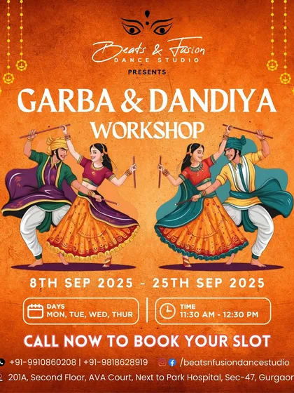 We regularly host specialized Garba and Dandiya workshops, especially before the Navratri season. This poster provides all the details for an upcoming session, including dates, times, and how to book your spot for an immersive cultural dance experience.