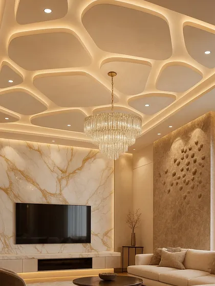 A glimpse into a luxurious living room we designed, featuring a custom gypsum false ceiling with organic curves and integrated cove lighting. The design also includes a marble-finish TV wall panel and carefully selected furniture to create a cohesive, high-end look.