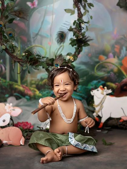 A mischievous little Krishna, chewing on his flute in the magical forest.