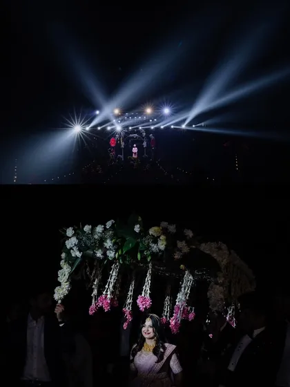 A two-part image showing the grand scale of a reception entrance, with dramatic spotlights and a beautiful floral archway for the bride's entry.