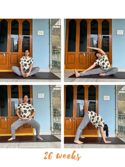 This mama at 26 weeks is practicing a variety of hip-opening and strengthening poses, including Baddha Konasana and Downward-Facing Dog.