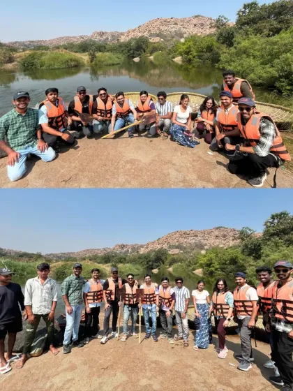 A group enjoying a coracle ride in Hampi. It's a peaceful and fun way to see the unique landscape from the water.