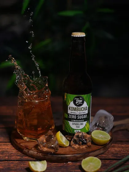 A refreshing splash captured for Toyo Kombucha. This kind of shot requires fast shutter speeds and the right lighting to freeze the motion and highlight the drink's crispness.