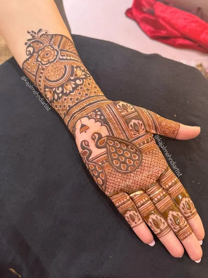 A close-up of the palm from a traditional Indian design, featuring a peacock.
