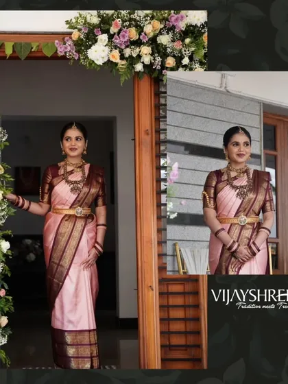 A collage celebrating Nesara Gowda's engagement look. Her choice of a classic pink Kanjivaram with a rich maroon border highlights the timeless appeal of our bridal collection.