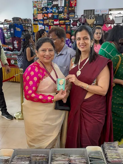 A happy customer posing with her purchase at my exhibition in Dadar. Seeing these smiles makes all the hard work worthwhile.