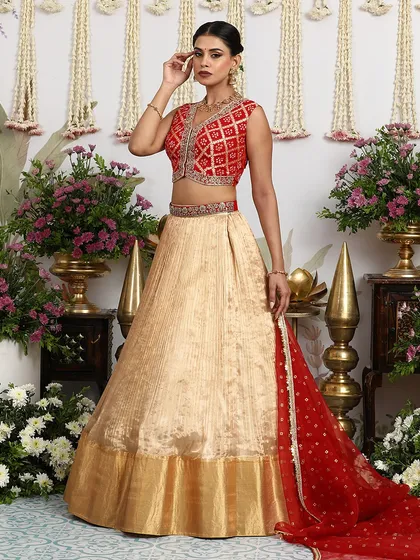 The full view of the lehenga, showing the beautiful drape of the silk skirt and the vibrant red dupatta. It is an outfit that commands attention.