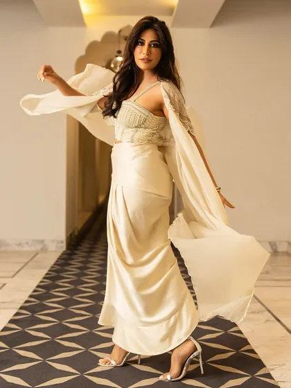 Chitrangda Singh in the Alauren Set, showcasing its modern silhouette and the beautiful interplay between the structured corset and the soft, draped skirt.