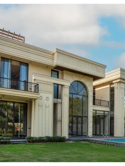 Another view of the Sultanpur masterpiece, this shot captures the symmetry and elegance of the classical design. The grand arches and decorative columns create a timeless appeal that is both sophisticated and welcoming.