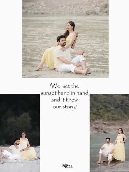A collage of a couple in yellow and white by the river, perfectly complemented by a romantic quote about meeting the sunset.