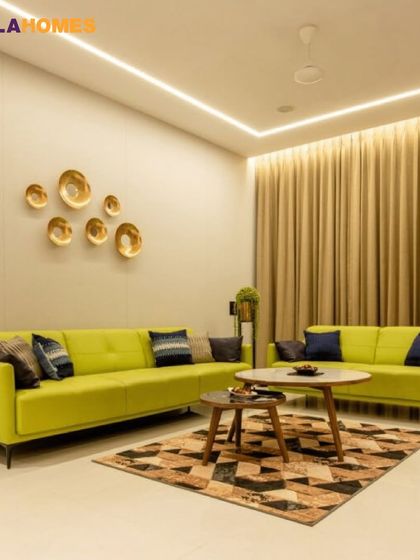 A vibrant living room with a lime-green sofa that makes a bold statement. The geometric rug and metallic wall decor add to the contemporary and energetic feel of the space.