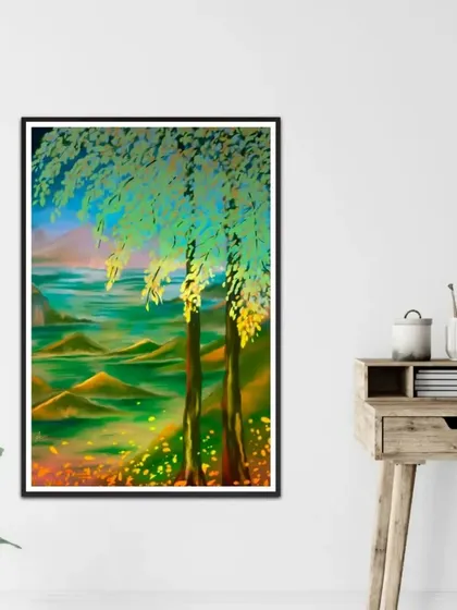 An abstract digital landscape with a dreamy, ethereal feel, shown as a framed print in a home office.