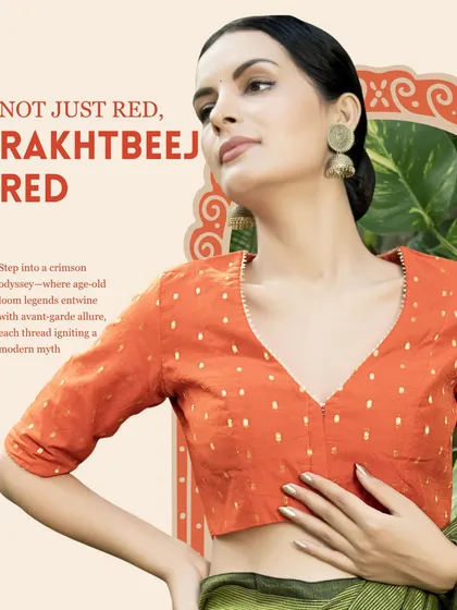 This is not just red, it's Rakhtbeej red. This Chanderi cotton blouse is a crimson odyssey, where age-old loom legals entwine with avant-garde allure.