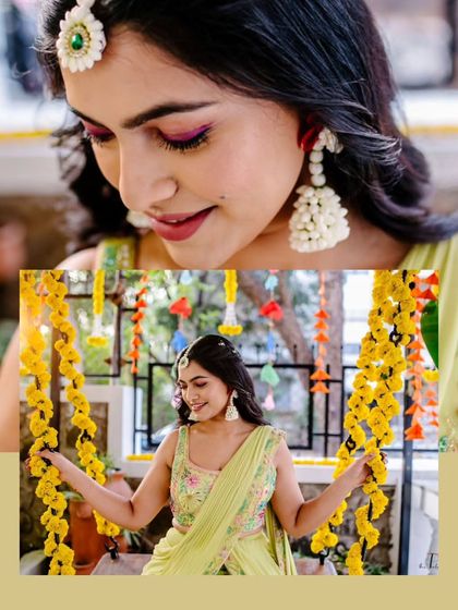 A collage of close-up and medium shots of the bride at her Mehendi, showing off her makeup and the joyful ambiance.