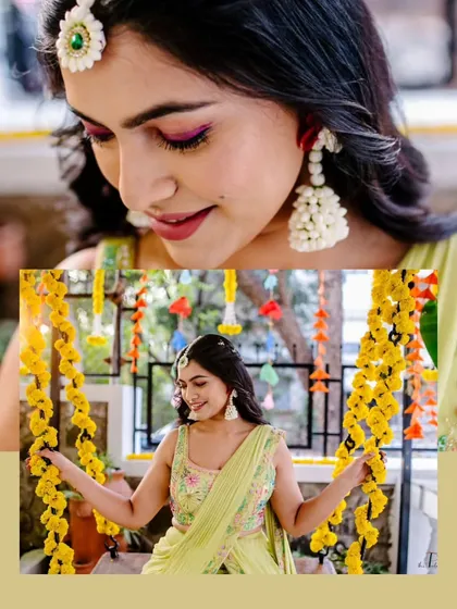 A collage of close-up and medium shots of the bride at her Mehendi, showing off her makeup and the joyful ambiance.