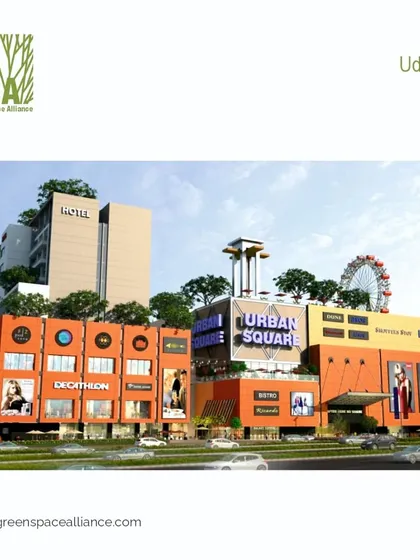 A render of the Urban Square Mall in Udaipur, a vibrant commercial and hotel complex. This project highlights our ability to design engaging commercial destinations that blend retail, leisure, and hospitality, creating a landmark that attracts footfall and boosts local economic activity.