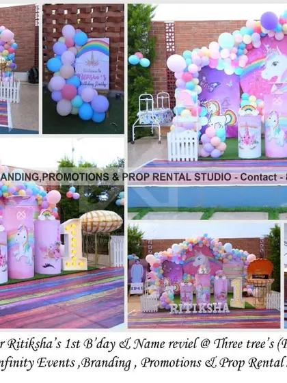A magical unicorn theme for Ritiksha's first birthday and name reveal ceremony at Three Trees. This large-scale outdoor setup features a pastel rainbow balloon arch, unicorn cutouts, themed pedestals, and a beautiful seating arrangement, creating a whimsical wonderland.