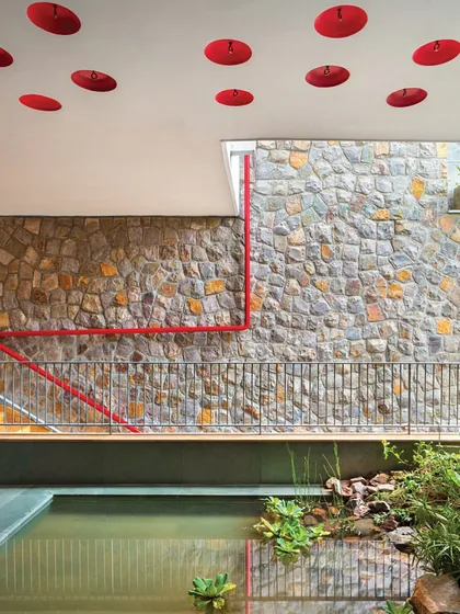 An internal bridge passes over a shaded water body, designed as a pond for local birds and plants. The ceiling features inverted earthen pots to encourage nesting, while a bold red pipe, which doubles as a handrail, carries harvested rainwater. This is a clear example of my goal to create harmonious living spaces for all inhabitants.