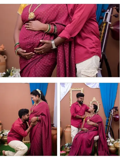 This collage showcases various moments from a single traditional shoot. It includes a close-up of the baby bump, a tender moment with the partner, and a beautiful seated portrait, telling the complete story of their session.