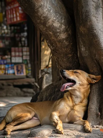A street dog rests comfortably by a shop, a common and heartwarming sight in many Indian cities.