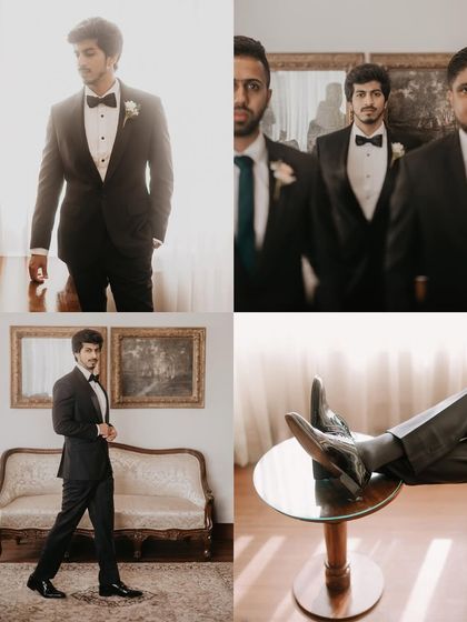 A collage of the groom getting ready with his friends. From formal portraits to relaxed moments, I capture the full story of his morning.